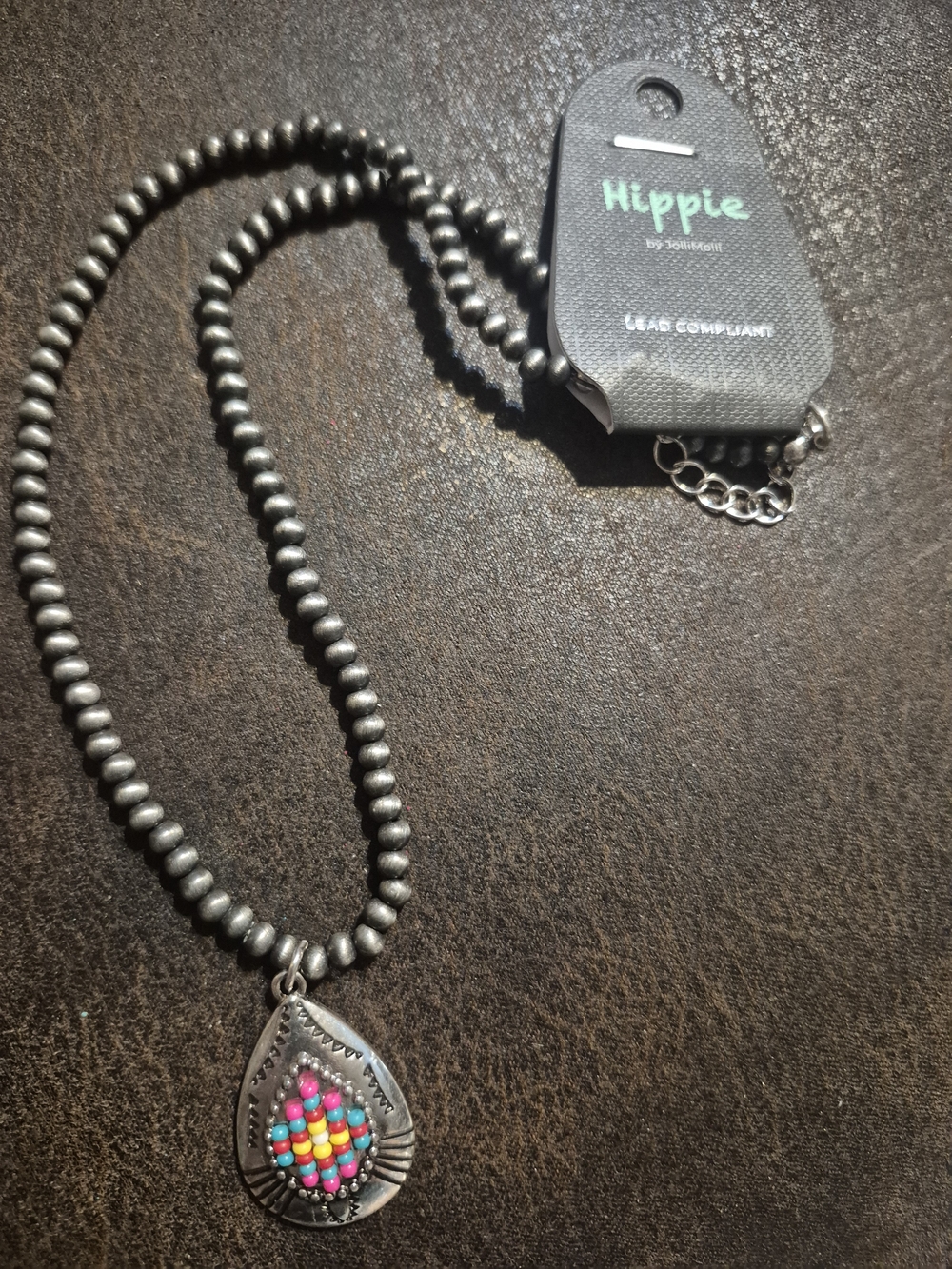 Hippie Multicolor Beaded Teardrop Necklace - Silver Tone